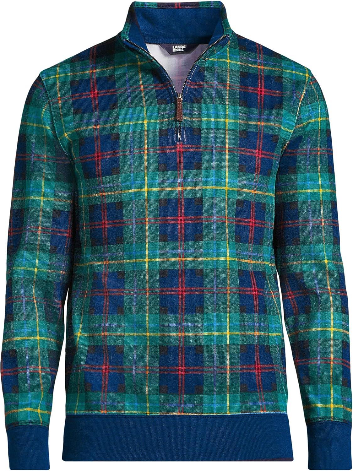 imageLands End Bedford Rib Quarter Zip Pullover SweaterGreenNavyHeritage Red Plaid