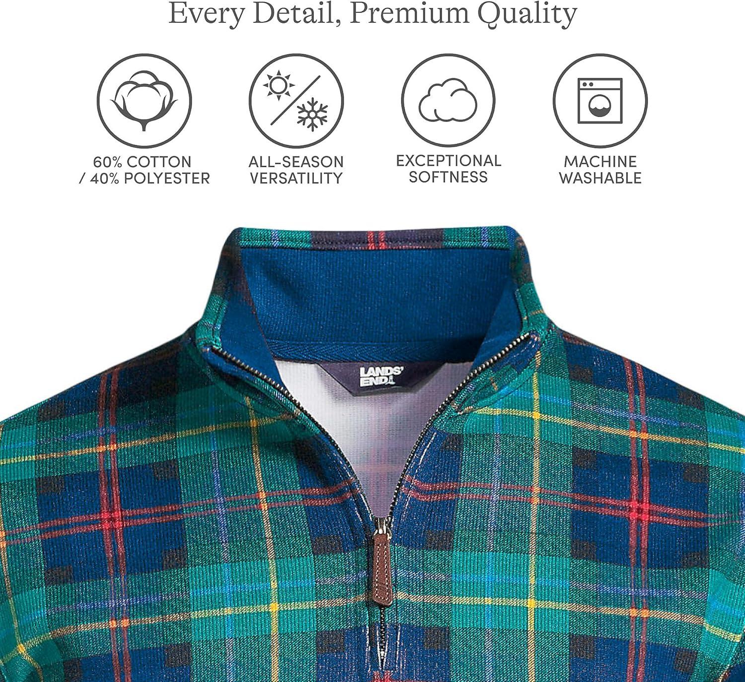 imageLands End Bedford Rib Quarter Zip Pullover SweaterGreenNavyHeritage Red Plaid