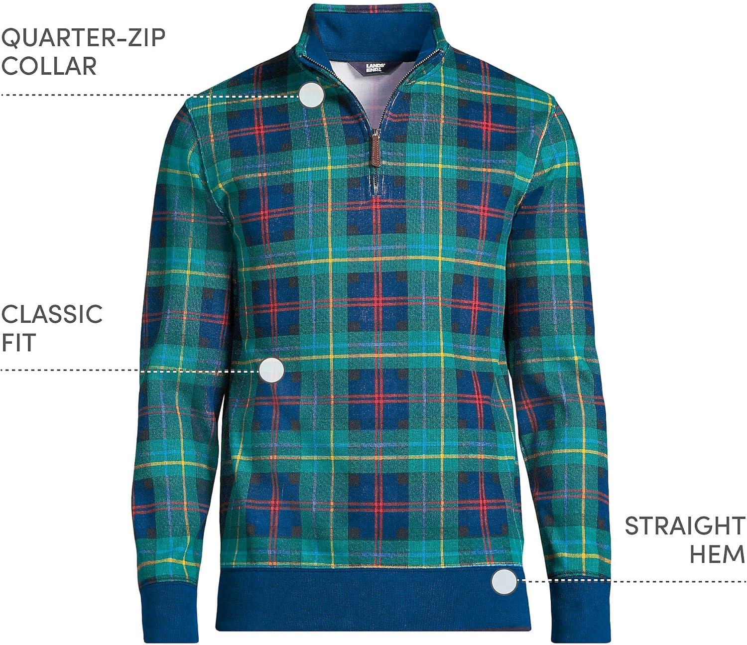 imageLands End Bedford Rib Quarter Zip Pullover SweaterGreenNavyHeritage Red Plaid