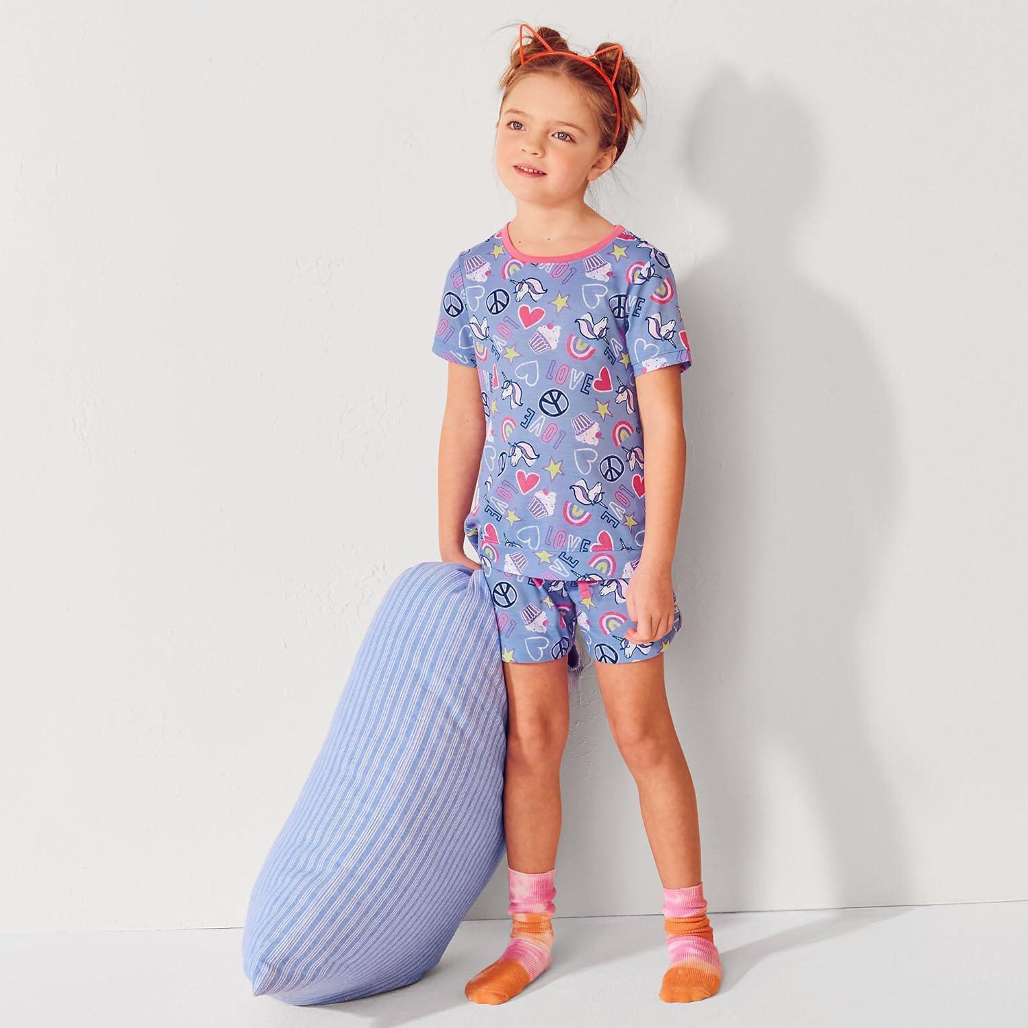 imageLands End Girls Short Sleeve Tee and Shorts Pajama SetUnicorn Multi Love