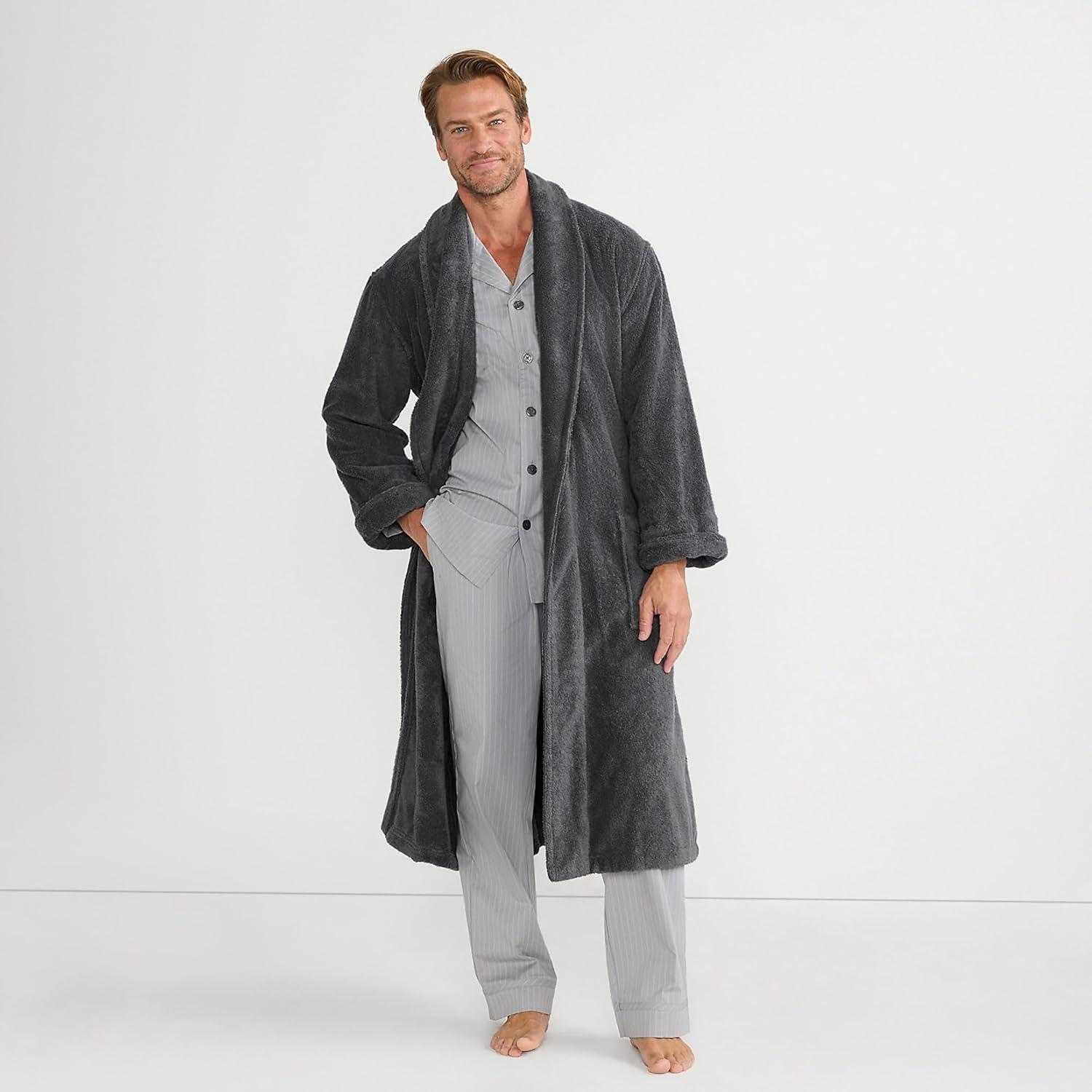 imageLands End Mens FullLength Turkish Cotton Terry Bathrobe 55quot Length Plush Absorbent 2 Pockets Spa ComfortCharcoal