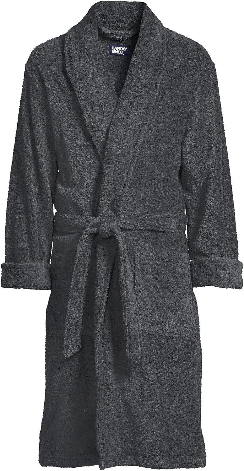 imageLands End Mens FullLength Turkish Cotton Terry Bathrobe 55quot Length Plush Absorbent 2 Pockets Spa ComfortCharcoal
