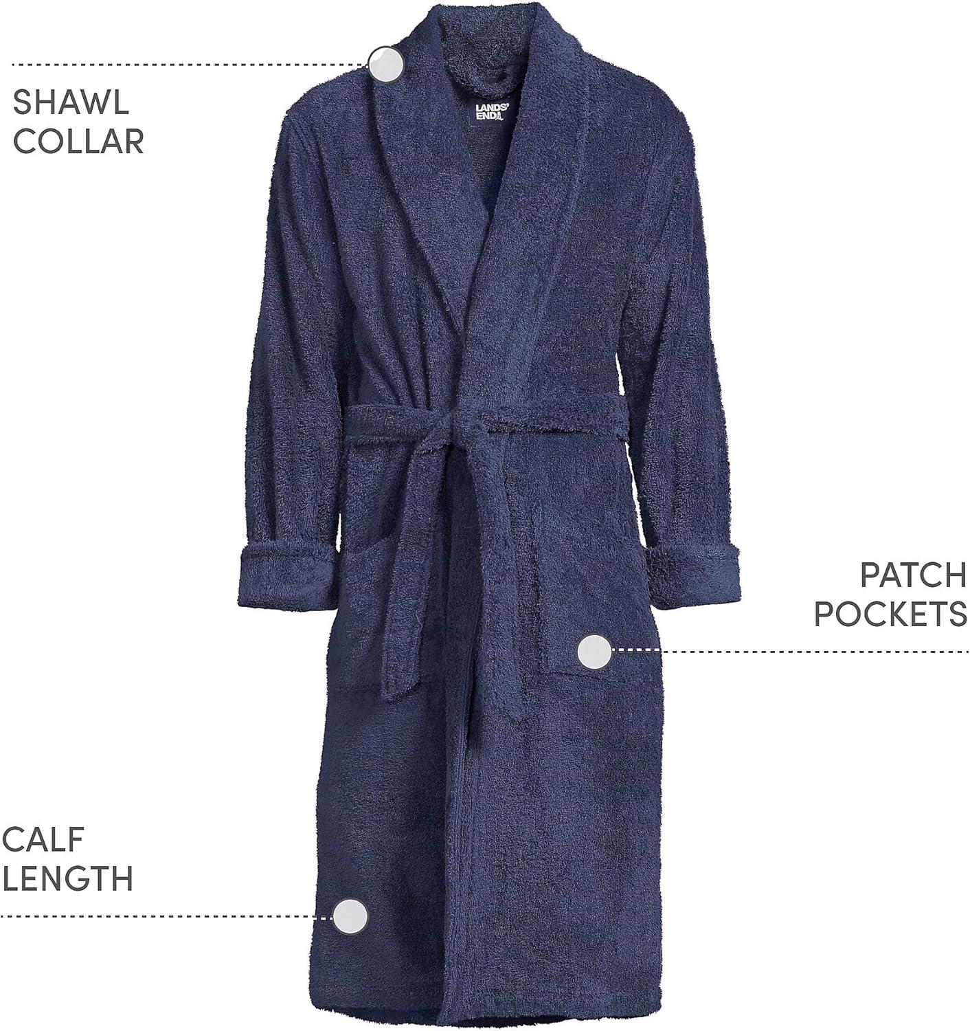 imageLands End Mens FullLength Turkish Cotton Terry Bathrobe 55quot Length Plush Absorbent 2 Pockets Spa ComfortDeep Sea Navy