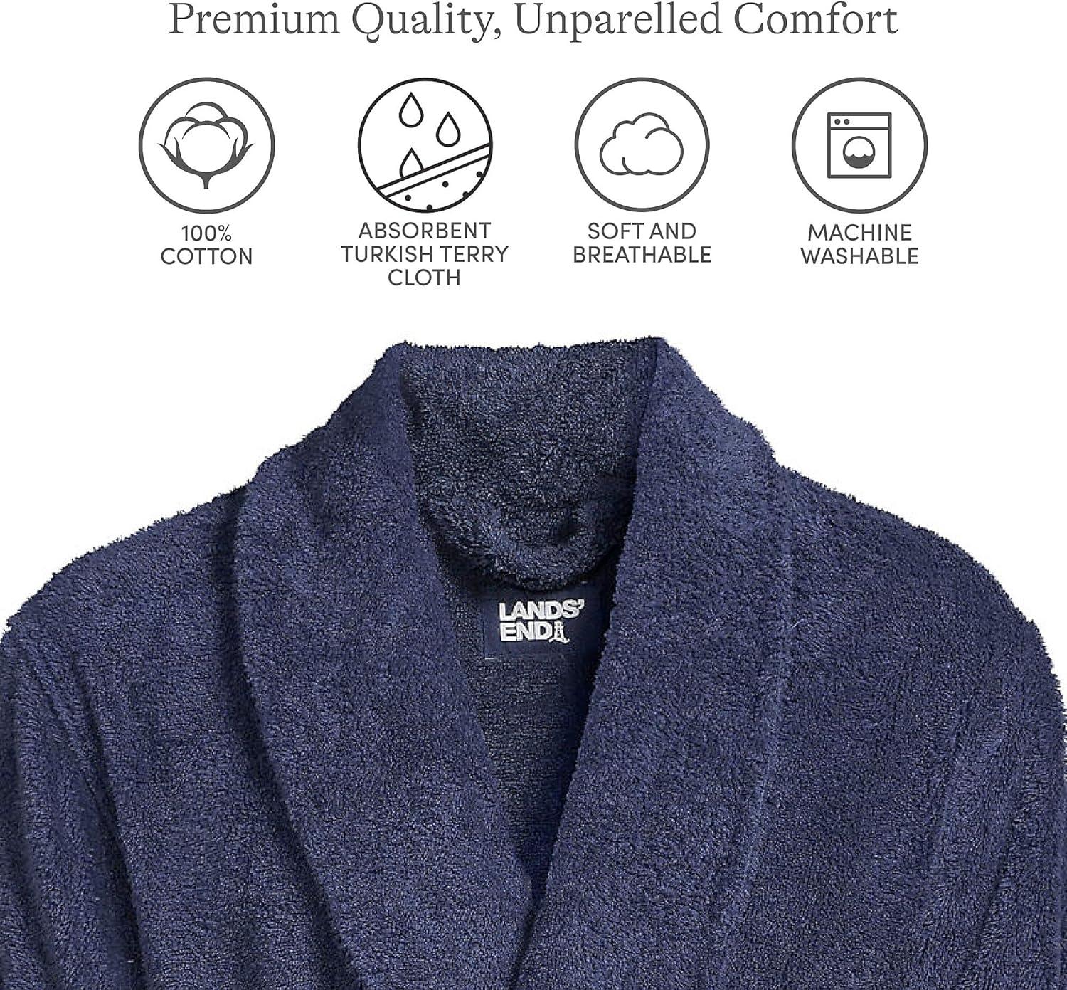 imageLands End Mens FullLength Turkish Cotton Terry Bathrobe 55quot Length Plush Absorbent 2 Pockets Spa ComfortDeep Sea Navy