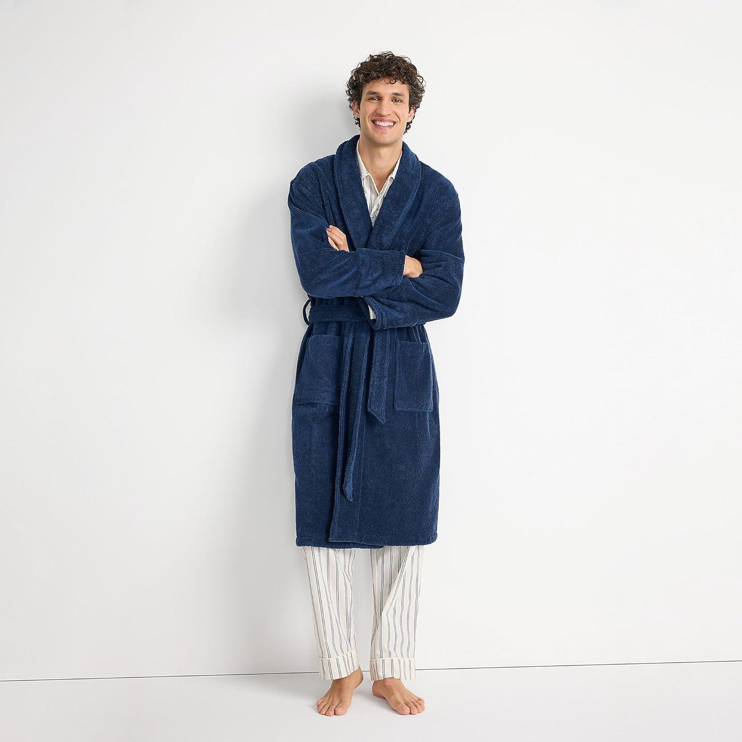 imageLands End Mens FullLength Turkish Cotton Terry Bathrobe 55quot Length Plush Absorbent 2 Pockets Spa ComfortDeep Sea Navy