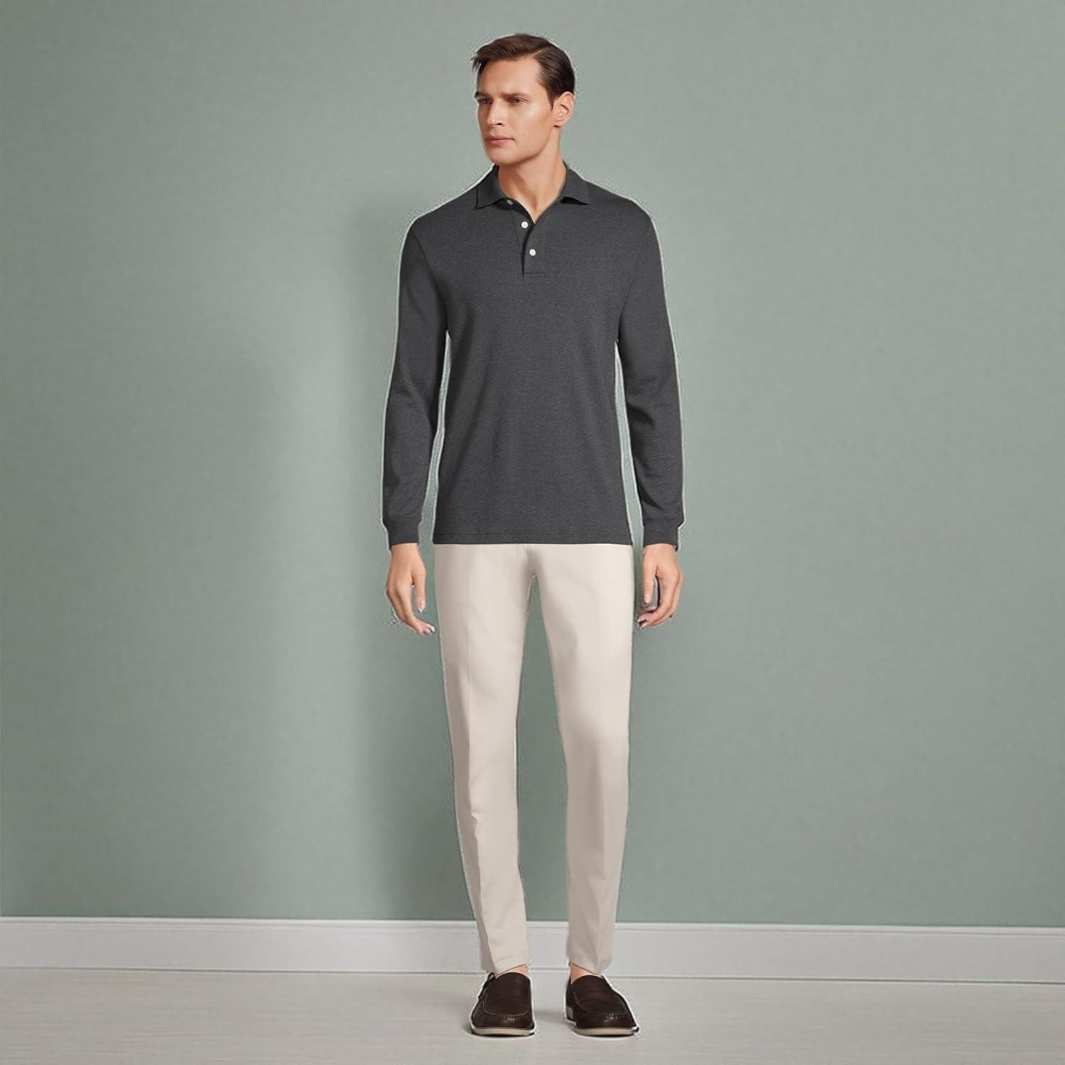 imageLands End Mens Long Sleeve AmericanGrown Supima Cotton Polo ShirtDark Charcoal Heather