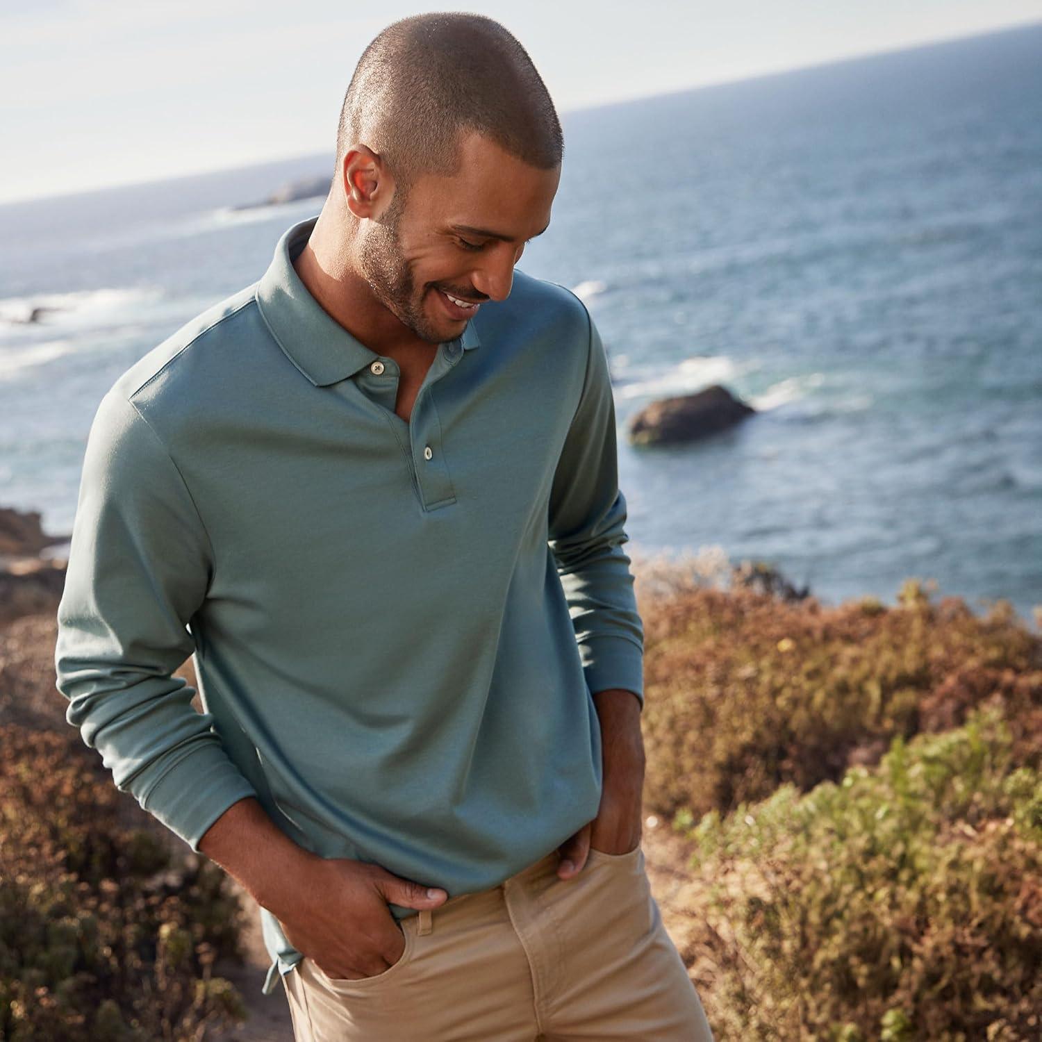 imageLands End Mens Long Sleeve AmericanGrown Supima Cotton Polo ShirtTourmaline