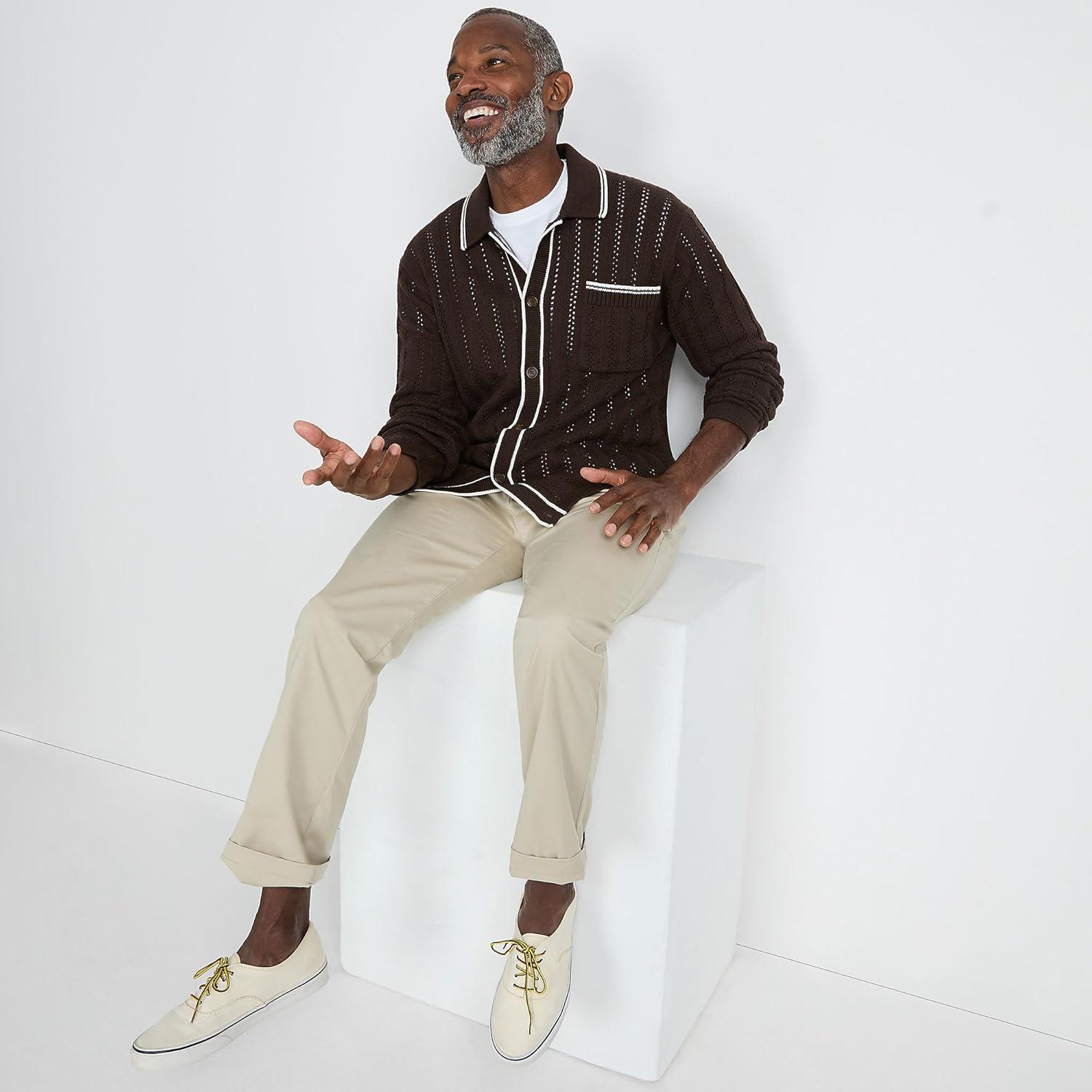 imageLands End Mens Long Sleeve Button Through Summer Polo CardiganRich Coffee