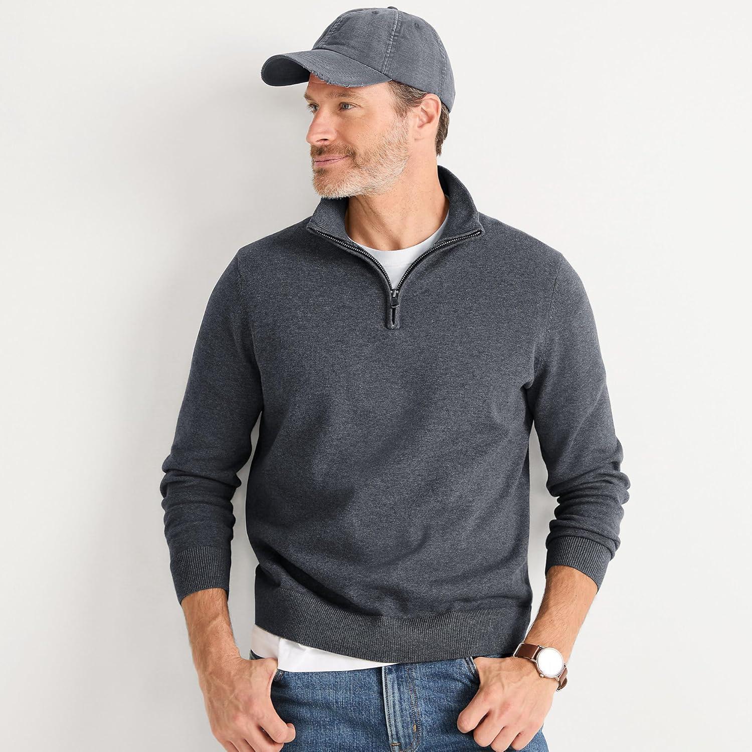 imageLands End Mens Long Sleeve Fine Gauge Cotton Quarter Zip SweaterCharcoal Heather