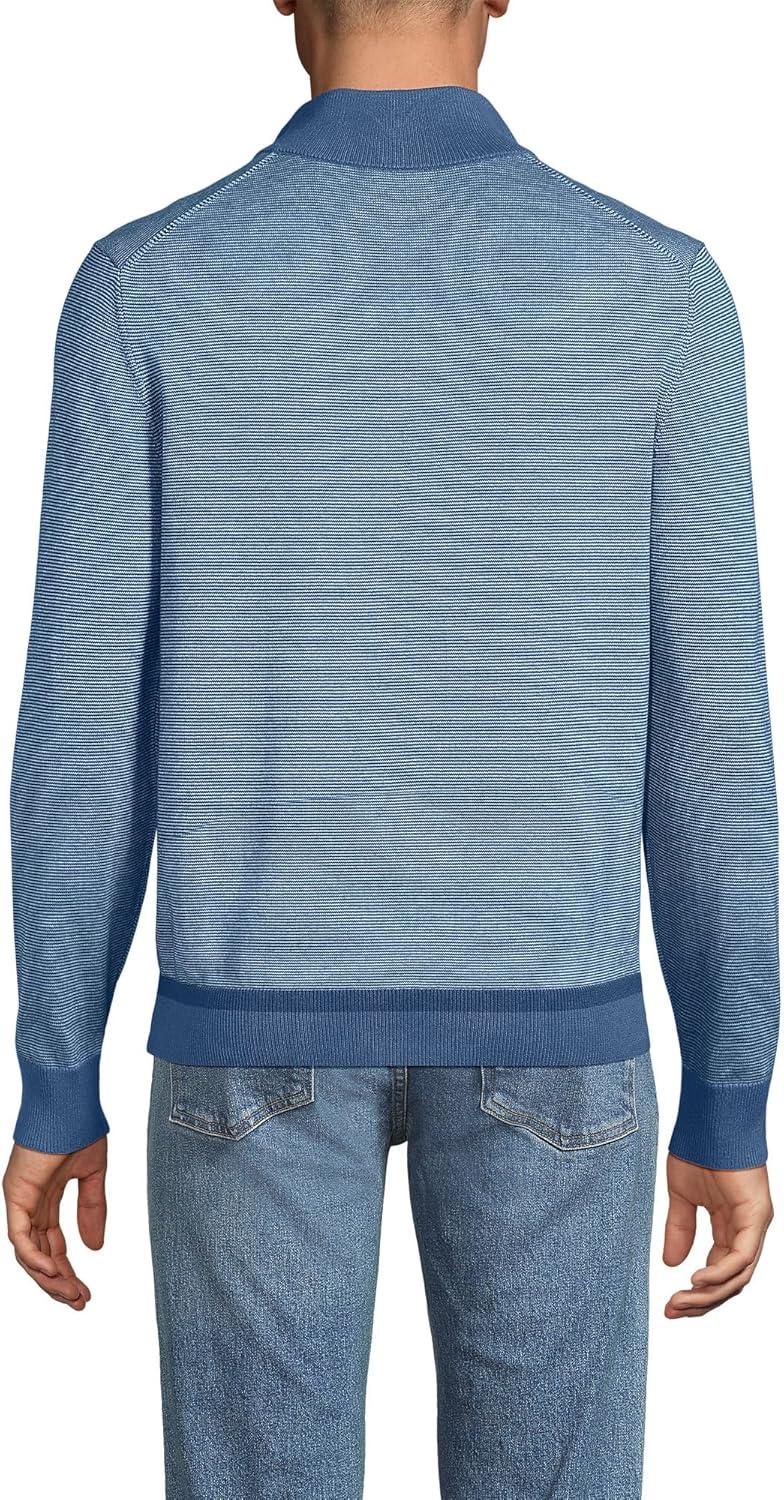imageLands End Mens Long Sleeve Fine Gauge Cotton Quarter Zip SweaterLight Indigo Blue Stripe