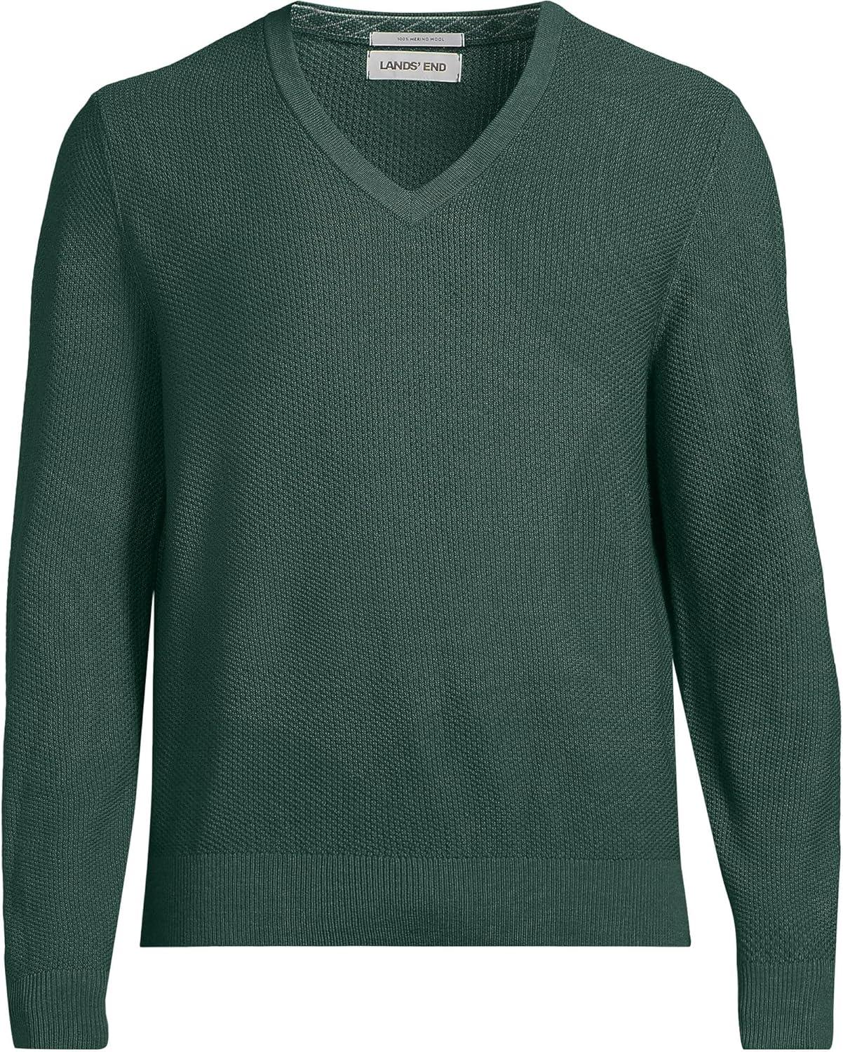 imageLands End Mens Long Sleeve Washable Merino Wool V Neck SweaterDark Evergreen