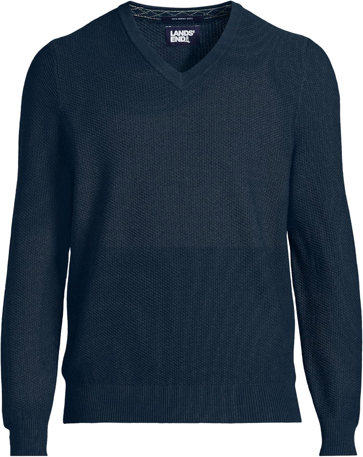 imageLands End Mens Long Sleeve Washable Merino Wool V Neck SweaterRadiant Navy