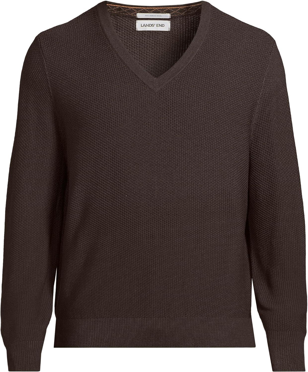 imageLands End Mens Long Sleeve Washable Merino Wool V Neck SweaterRich Coffee