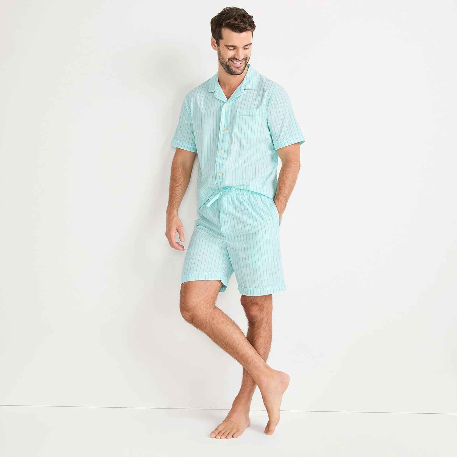 imageLands End Mens Short Sleeve Essential Pajama ShirtPale Aqua IceGreen Stripe