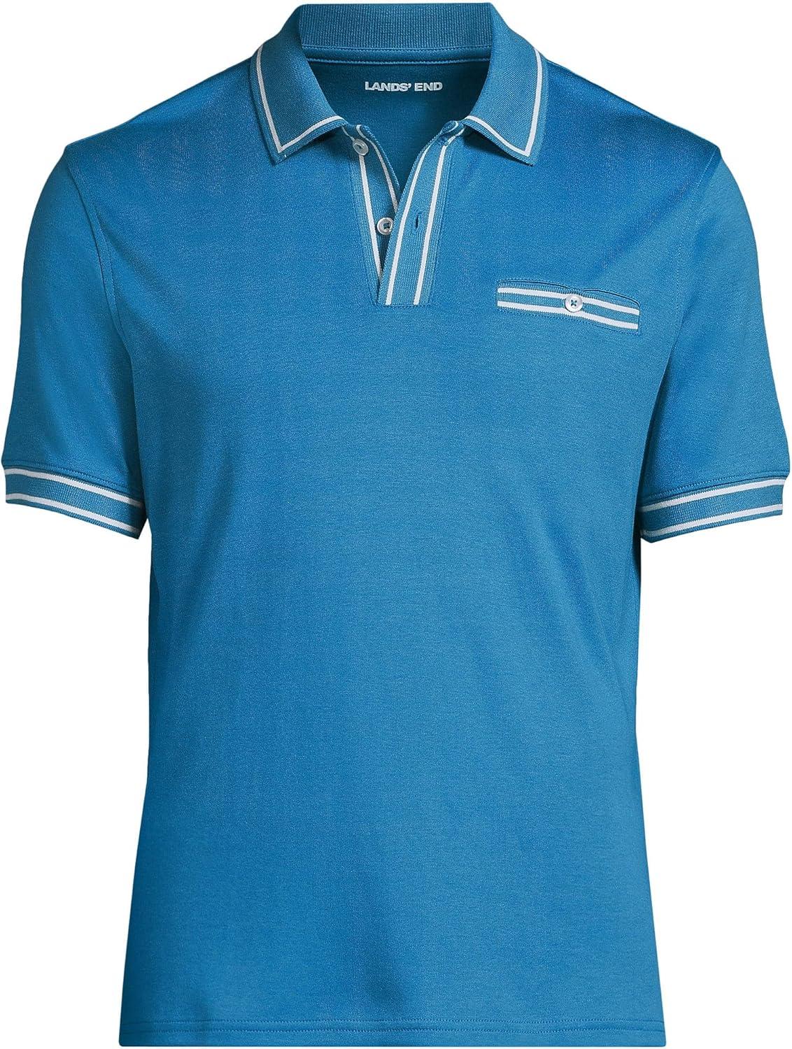 imageLands End Mens Short Sleeve Tipped Welt Pocket AmericanGrown Supima Cotton PoloBlue Hyacinth