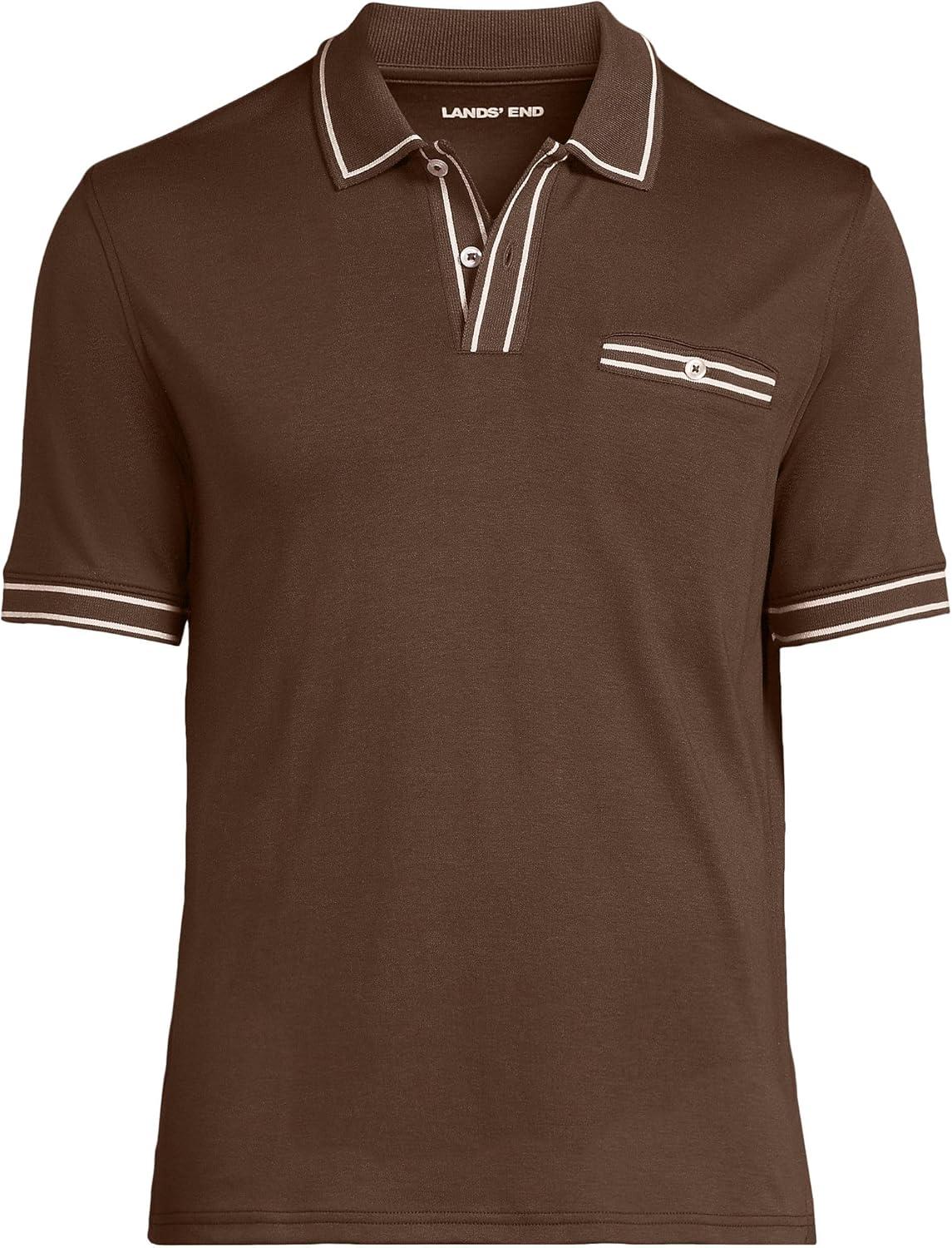 imageLands End Mens Short Sleeve Tipped Welt Pocket AmericanGrown Supima Cotton PoloDark Walnut Brown