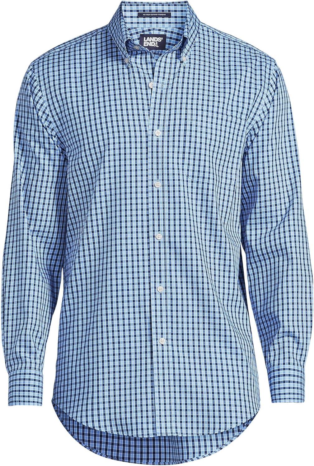 imageLands End Mens Tailored Fit No Iron Solid AmericanGrown Supima Cotton Pinpoint Buttondown Collar Dress ShirtDeep Sea NavyFresh Blue Plaid