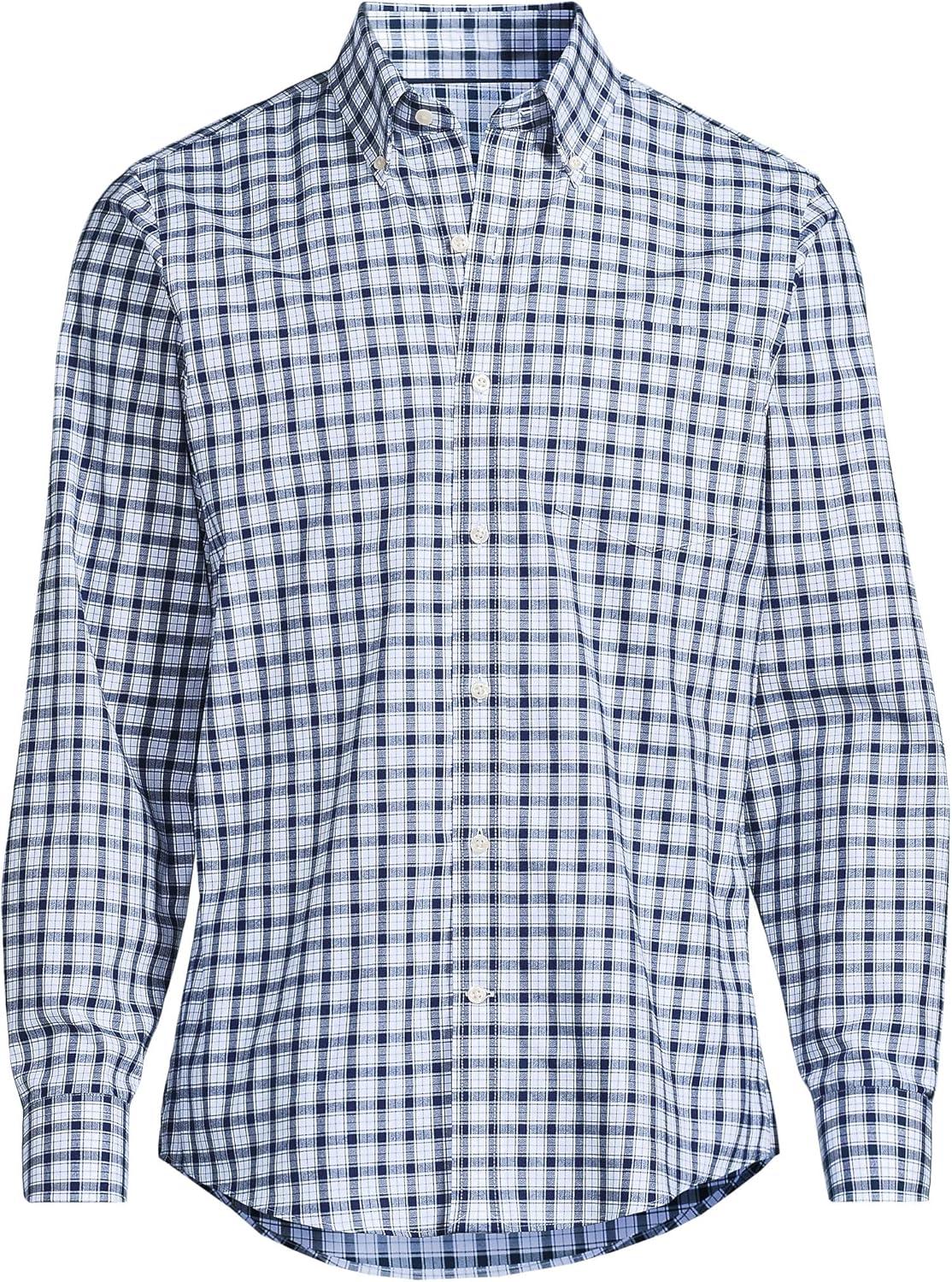 imageLands End Mens Tailored Fit No Iron Twill Long Sleeve ShirtDeep Sea NavyTourmaline Plaid