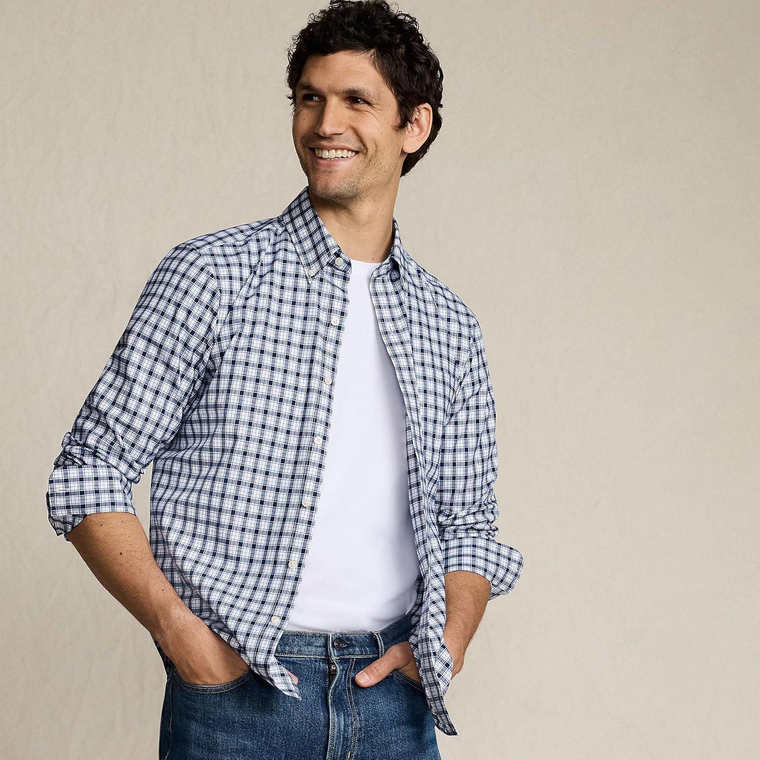 imageLands End Mens Tailored Fit No Iron Twill Long Sleeve ShirtDeep Sea NavyTourmaline Plaid