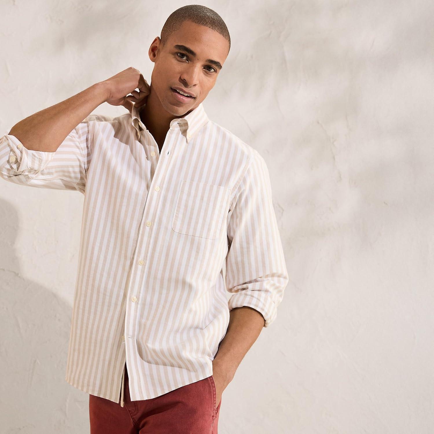 imageLands End Mens Traditional Fit ComfortFirst Sail Rigger Oxford ShirtDesert TanWhite Stripe