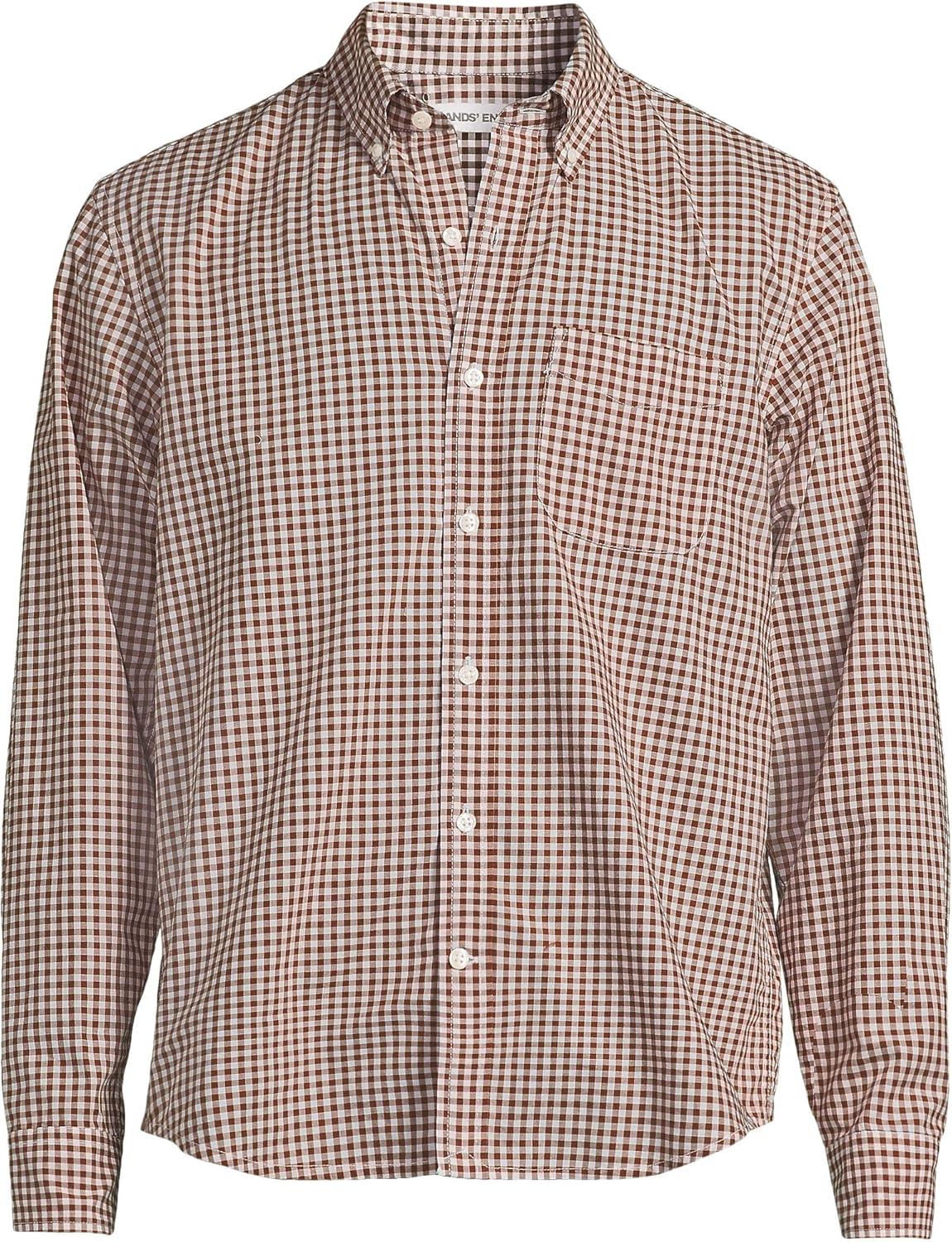 imageLands End Mens Traditional Fit Essential Lightweight Poplin ShirtBrownWhite Gingham