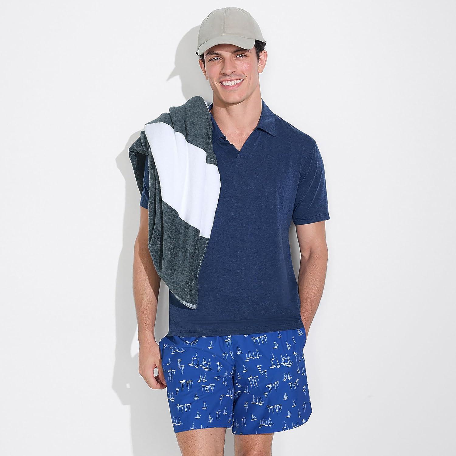 imageLands End Mens UPF 50 Short Sleeve Johnny Collar Polo Rash Guard ShirtDeep Sea Navy Heather