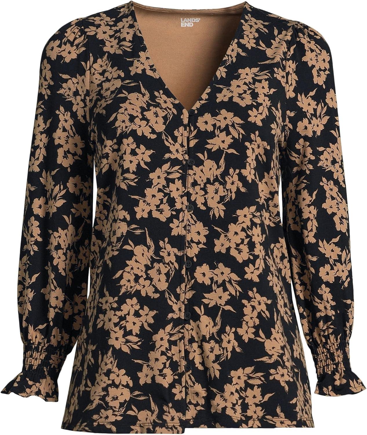 imageLands End Womens 34 Sleeve Lightweight Jersey Button Front TopHoney Beige Painted Flower