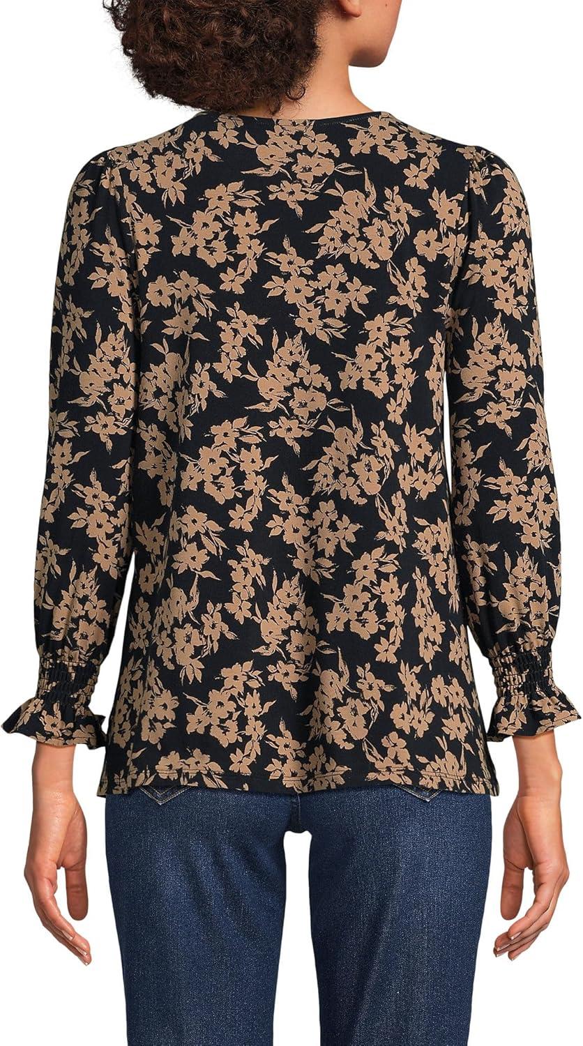 imageLands End Womens 34 Sleeve Lightweight Jersey Button Front TopHoney Beige Painted Flower