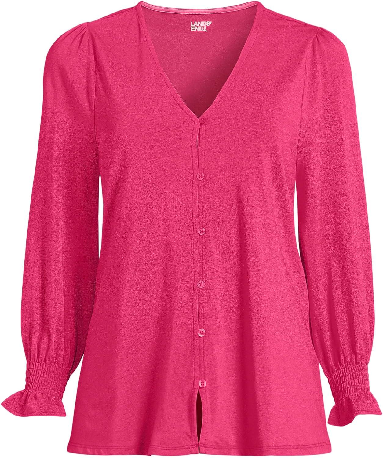 imageLands End Womens 34 Sleeve Lightweight Jersey Button Front TopSpiced Rhubarb