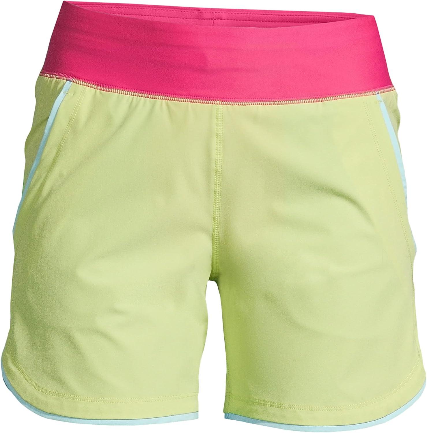 imageLands End Womens 5quot Quick Dry Elastic Waist Board Shorts Swim Coverup Shorts with PantyLemon LimeHot PinkAqua Mix
