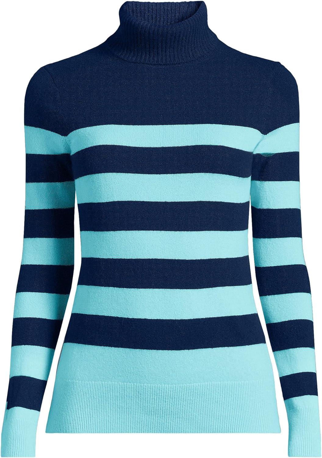 imageLands End Womens Cashmere Turtleneck SweaterDeep Sea NavyAqua Stripe