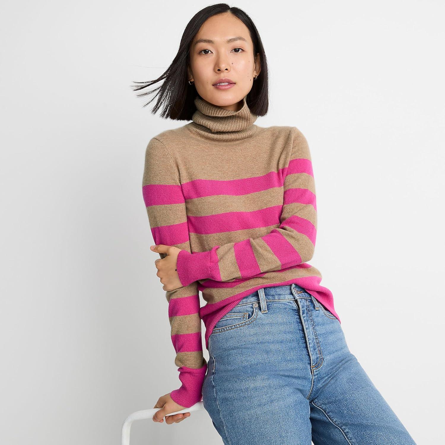 imageLands End Womens Cashmere Turtleneck SweaterIntense Rose Vicuna Stripe