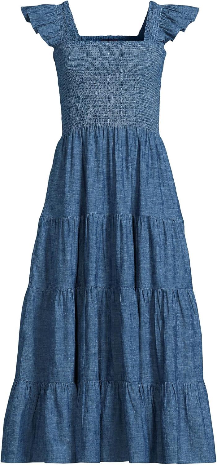 imageLands End Womens Chambray Smocked Dress with Ruffle StrapsMedium Indigo Chambray
