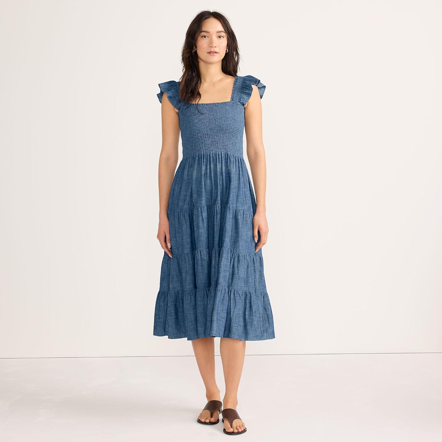 imageLands End Womens Chambray Smocked Dress with Ruffle StrapsMedium Indigo Chambray