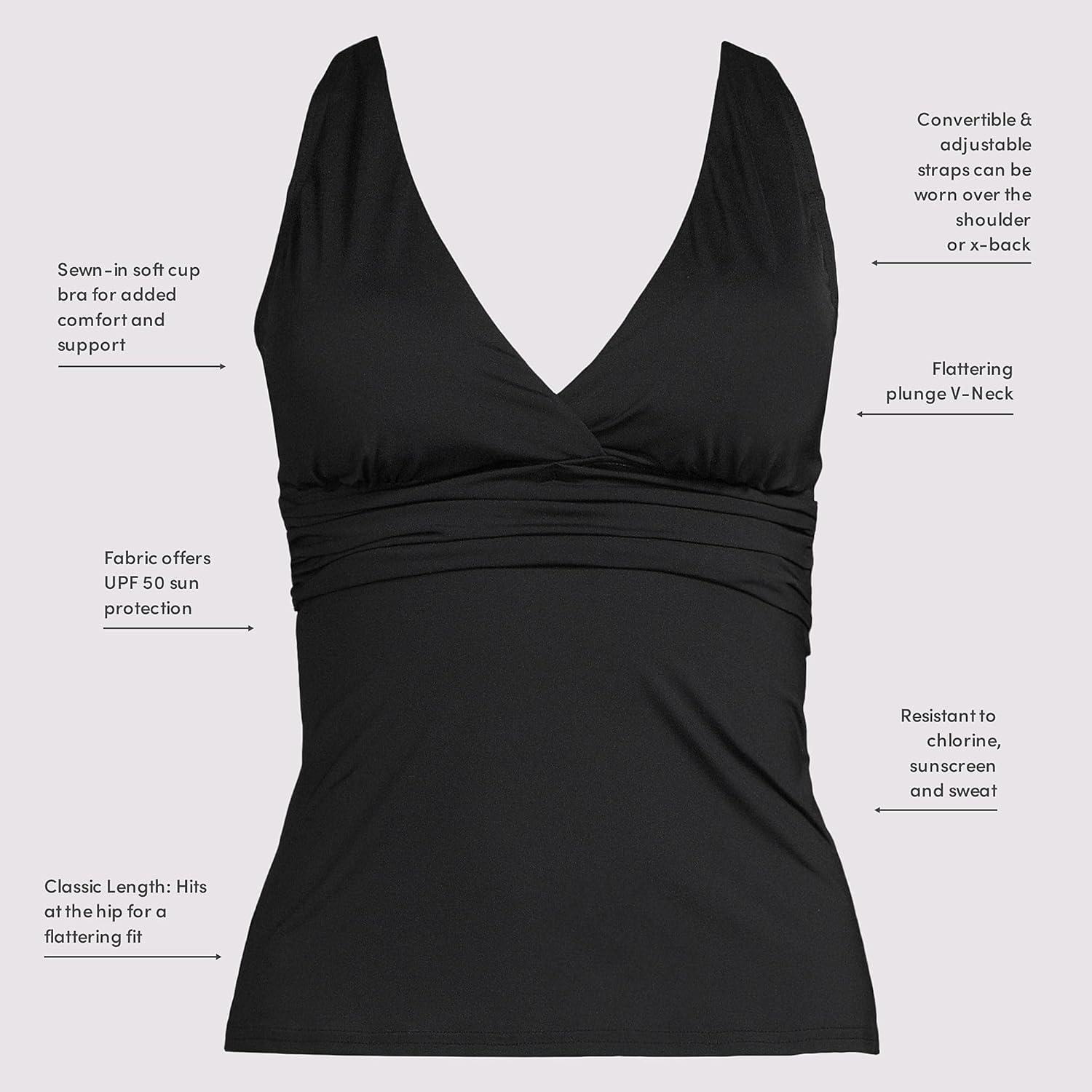 imageLands End Womens Chlorine Resistant Plunge XBack Tankini Swimsuit TopBlack