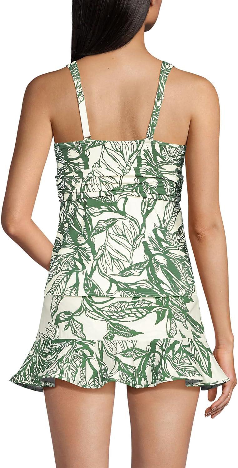 imageLands End Womens Chlorine Resistant Plunge XBack Tankini Swimsuit TopEgretGreen Etched Leaves