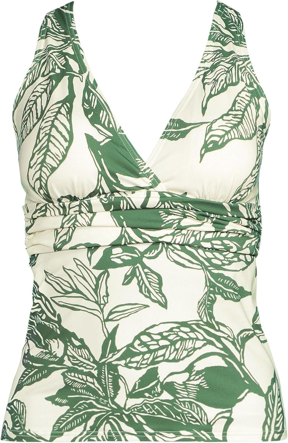 imageLands End Womens Chlorine Resistant Plunge XBack Tankini Swimsuit TopEgretGreen Etched Leaves