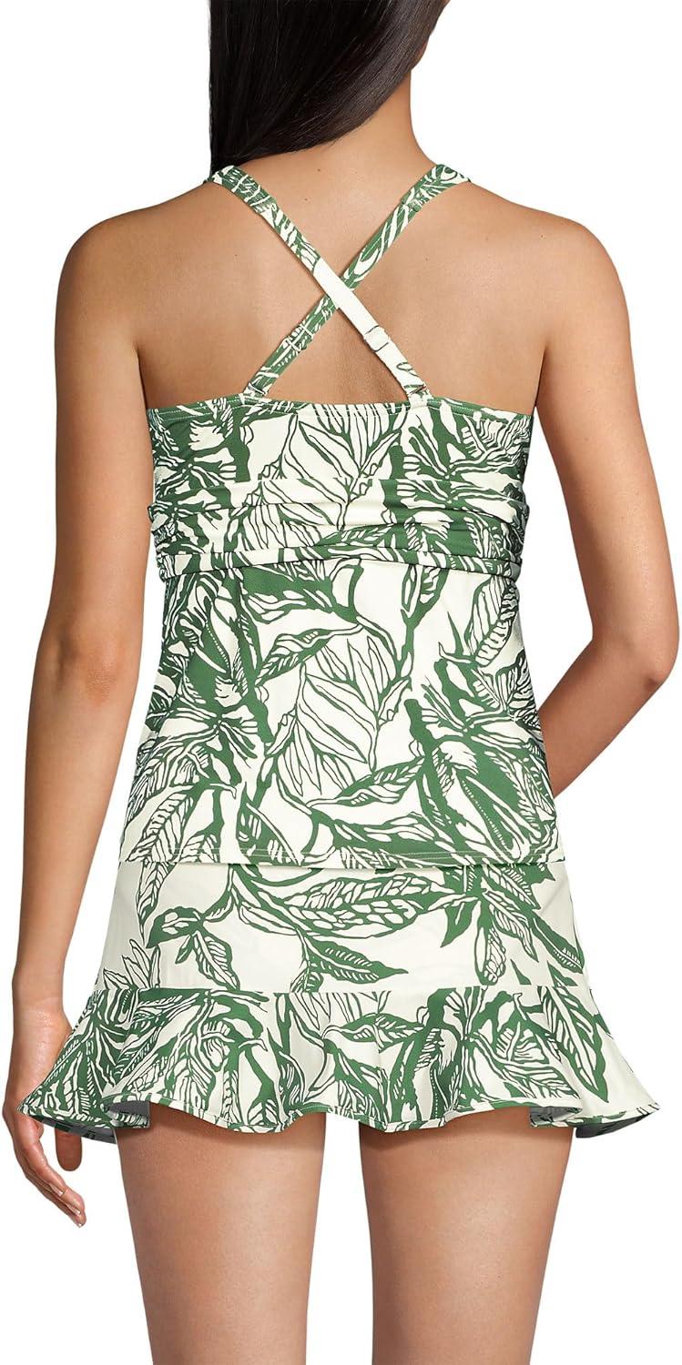 imageLands End Womens Chlorine Resistant Plunge XBack Tankini Swimsuit TopEgretGreen Etched Leaves
