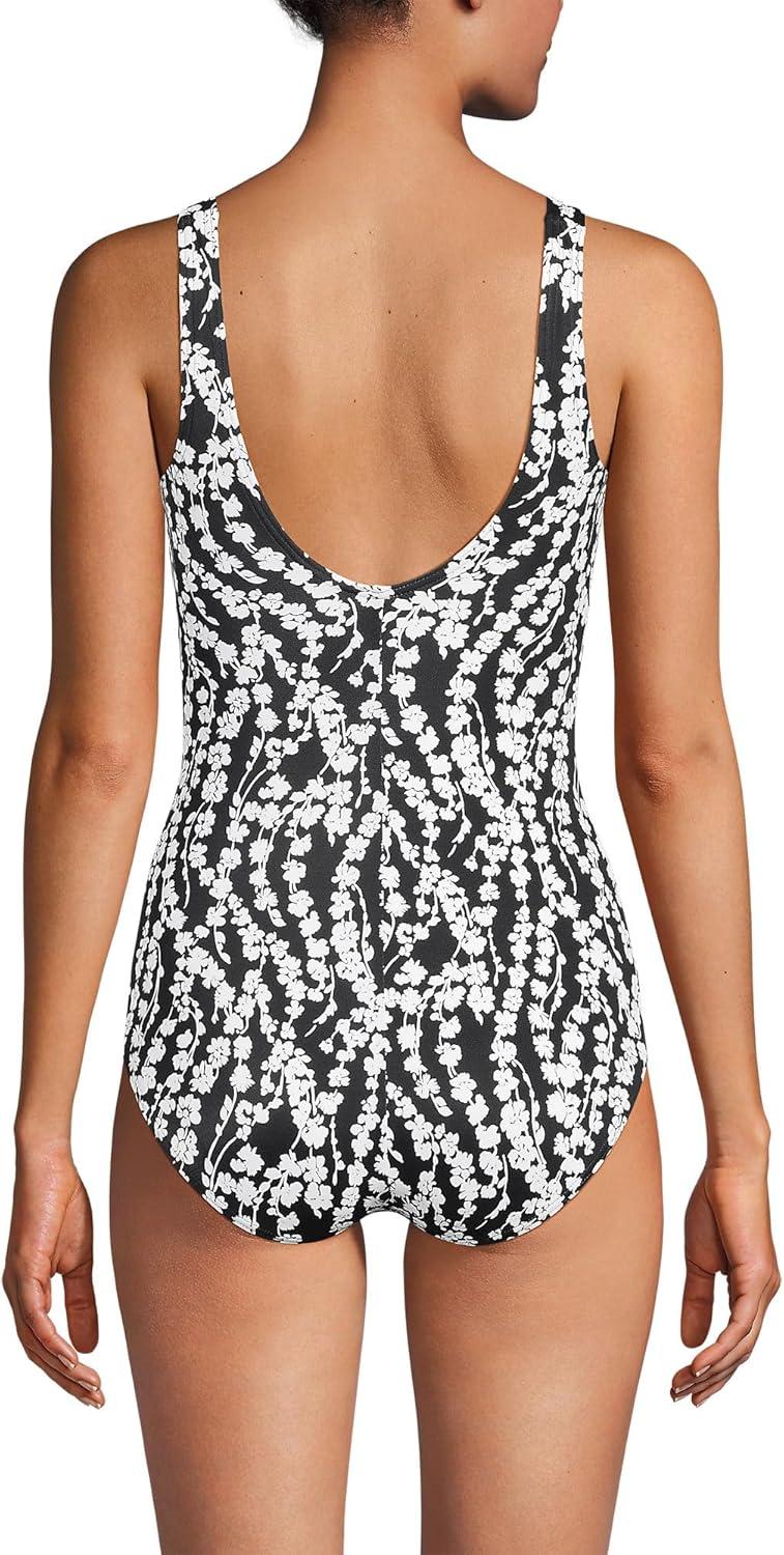 imageLands End Womens Chlorine Resistant Scoop Neck XBack High Leg Soft Cup Tugless Sporty One Piece SwimsuitBlackWhite Vine Floral