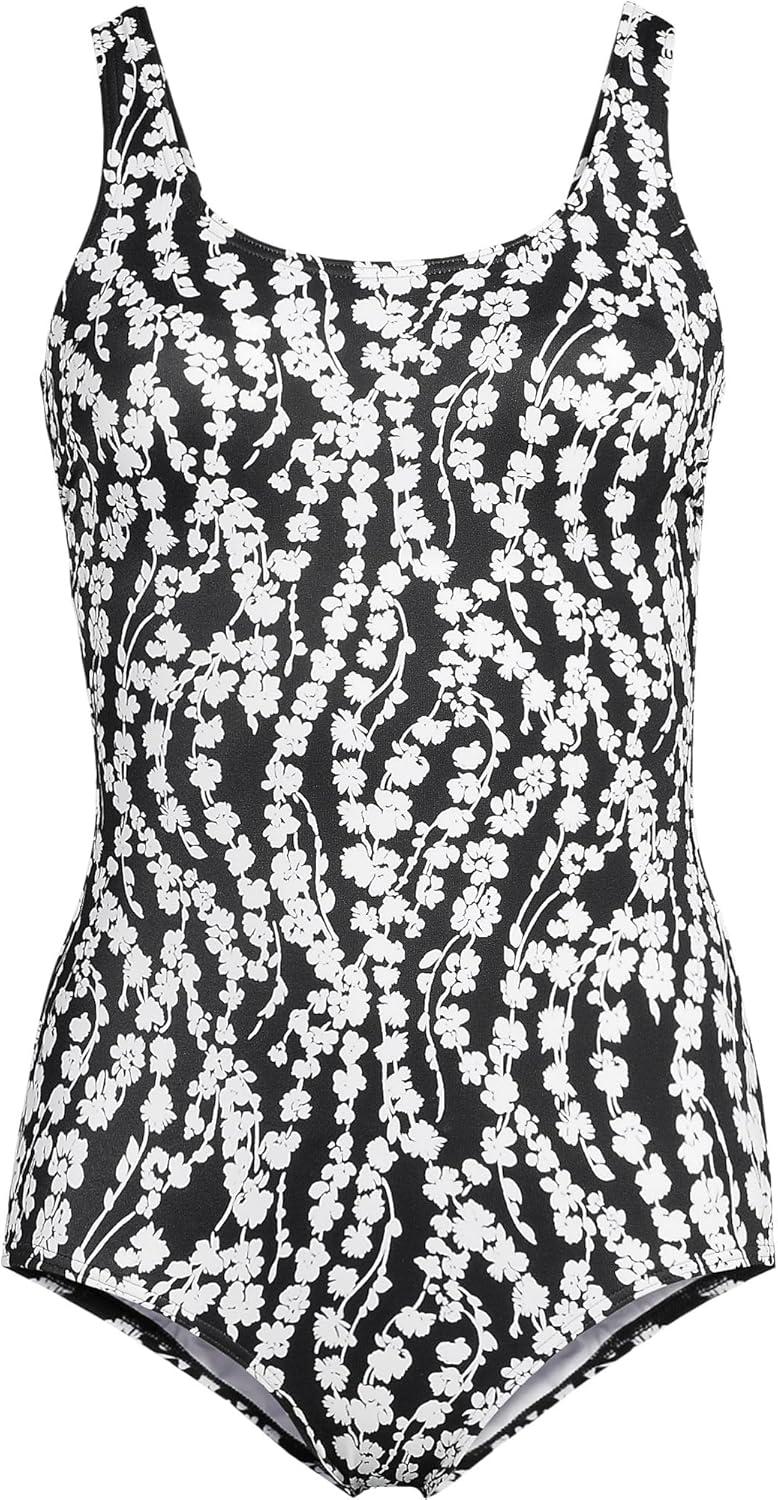 imageLands End Womens Chlorine Resistant Scoop Neck XBack High Leg Soft Cup Tugless Sporty One Piece SwimsuitBlackWhite Vine Floral