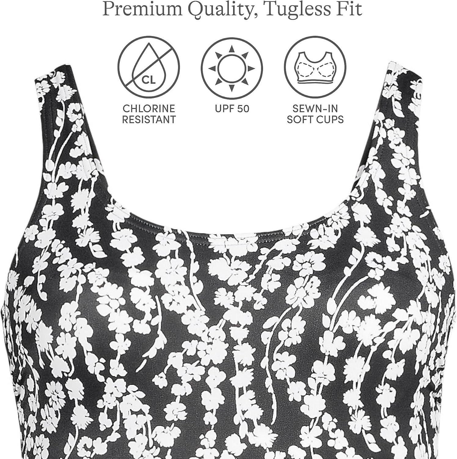 imageLands End Womens Chlorine Resistant Scoop Neck XBack High Leg Soft Cup Tugless Sporty One Piece SwimsuitBlackWhite Vine Floral
