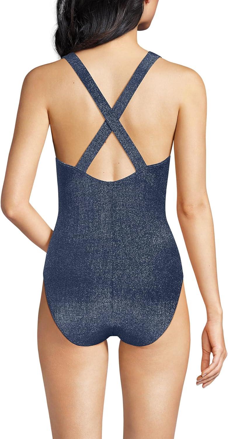 imageLands End Womens Chlorine Resistant Scoop Neck XBack High Leg Soft Cup Tugless Sporty One Piece SwimsuitDeep Sea Navy Shine