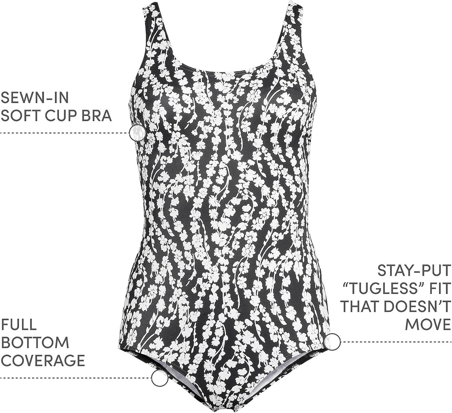 imageLands End Womens Chlorine Resistant Soft Cup Tugless Sporty One Piece SwimsuitBlackWhite Vine Floral