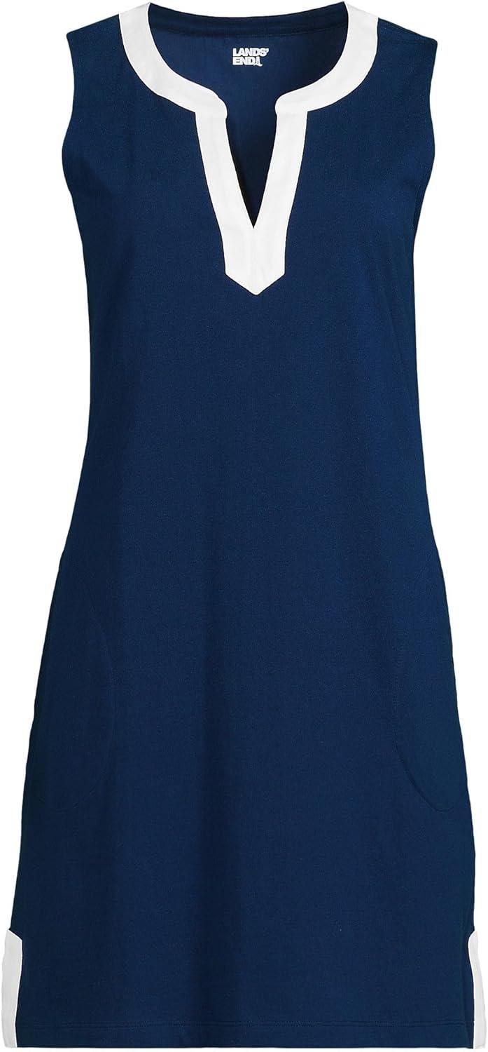 imageLands End Womens Cotton Jersey Notch Neck Dress with SoutacheDeep Sea NavyWhite