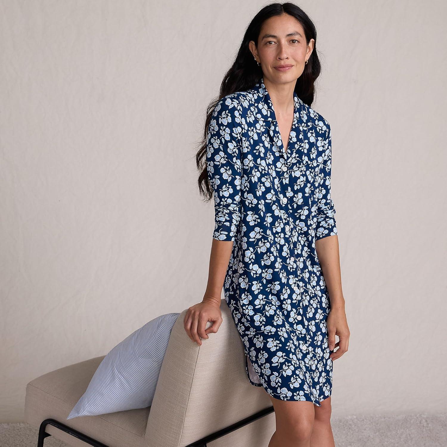 imageLands End Womens Cotton Poplin Long Sleeve Sleepshirt NightgownDeep Sea Navy Blooms