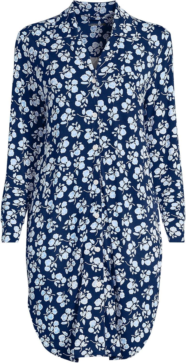 imageLands End Womens Cotton Poplin Long Sleeve Sleepshirt NightgownDeep Sea Navy Blooms