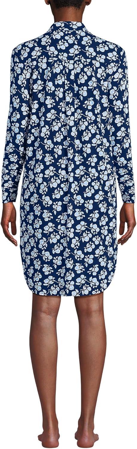 imageLands End Womens Cotton Poplin Long Sleeve Sleepshirt NightgownDeep Sea Navy Blooms