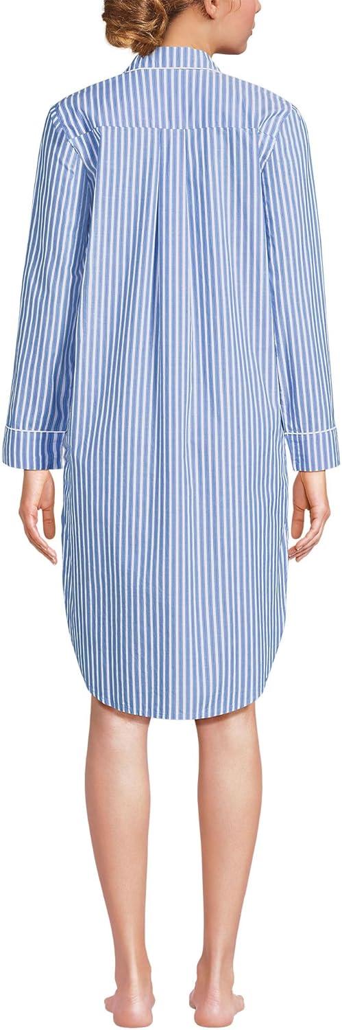 imageLands End Womens Cotton Poplin Long Sleeve Sleepshirt NightgownMuted CobaltPink Stripe