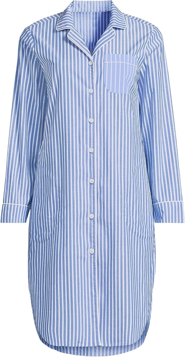imageLands End Womens Cotton Poplin Long Sleeve Sleepshirt NightgownMuted CobaltPink Stripe