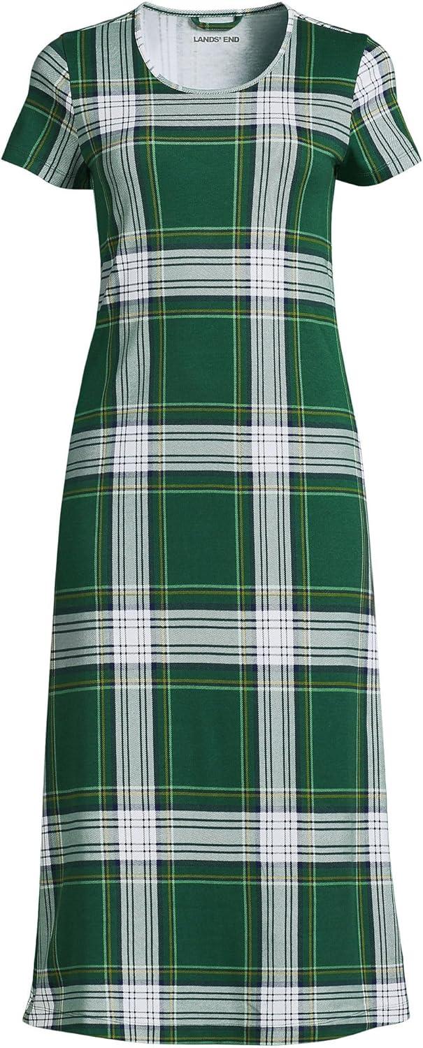 imageLands End Womens Cotton Short Sleeve Midcalf NightgownLight Emerald Plaid